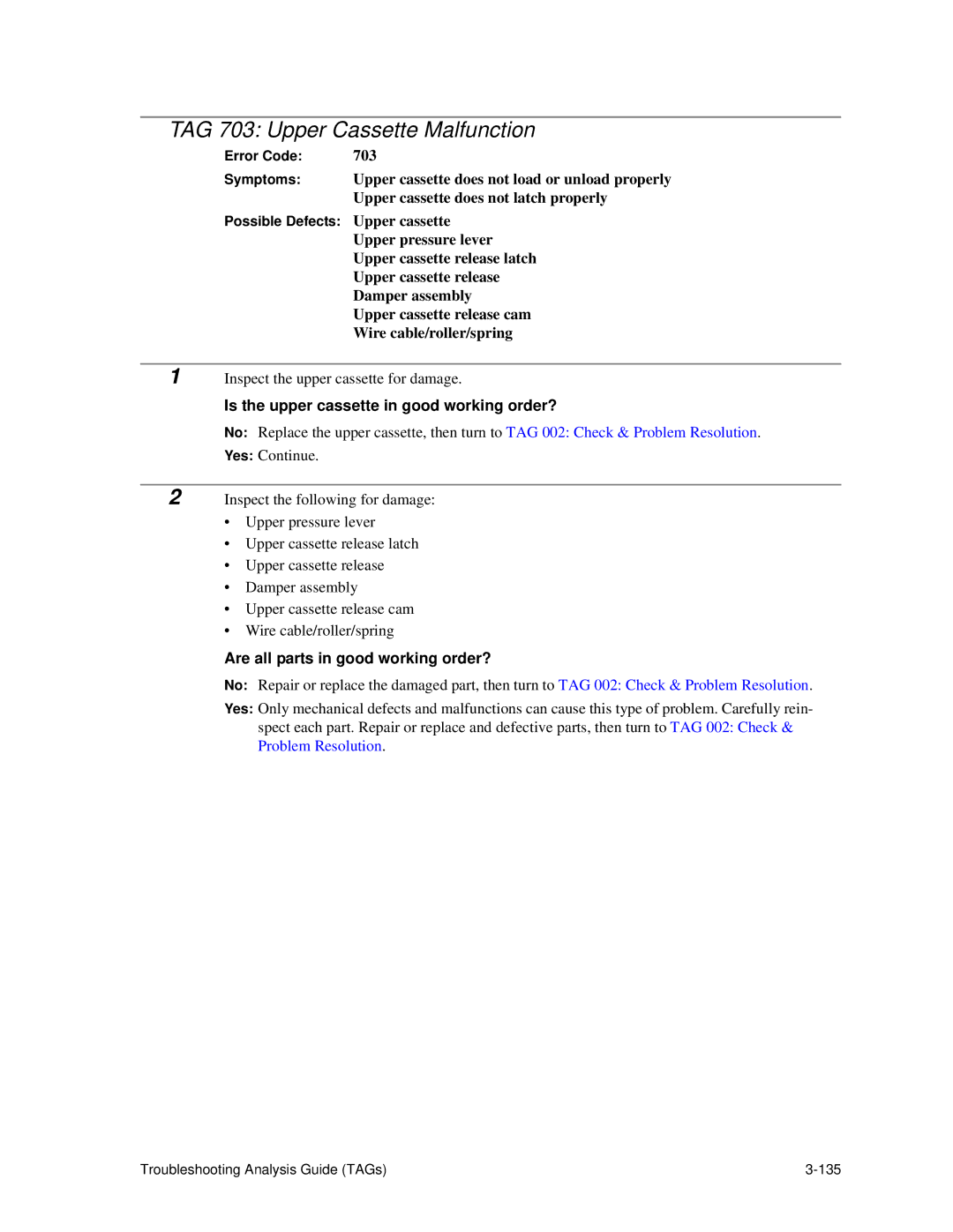 HP C30 manual TAG 703 Upper Cassette Malfunction, Is the upper cassette in good working order? 