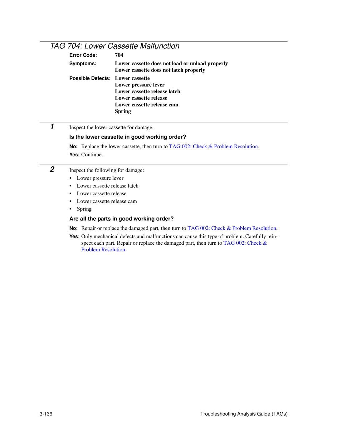 HP C30 manual TAG 704 Lower Cassette Malfunction, Is the lower cassette in good working order? 