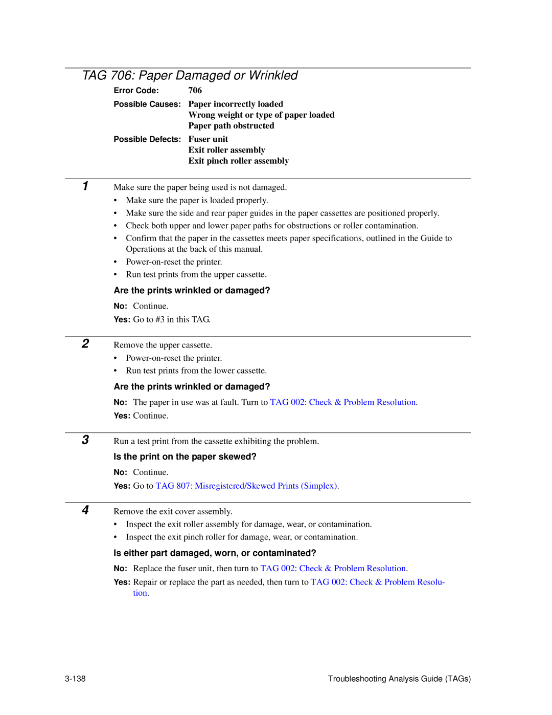 HP C30 manual TAG 706 Paper Damaged or Wrinkled, Are the prints wrinkled or damaged?, Is the print on the paper skewed? 