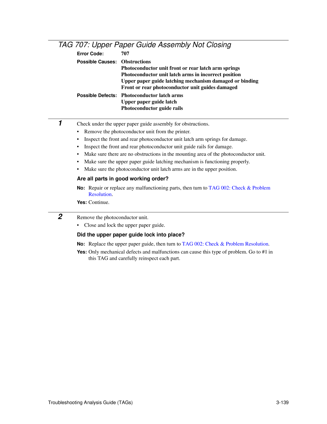 HP C30 manual TAG 707 Upper Paper Guide Assembly Not Closing, Did the upper paper guide lock into place? 