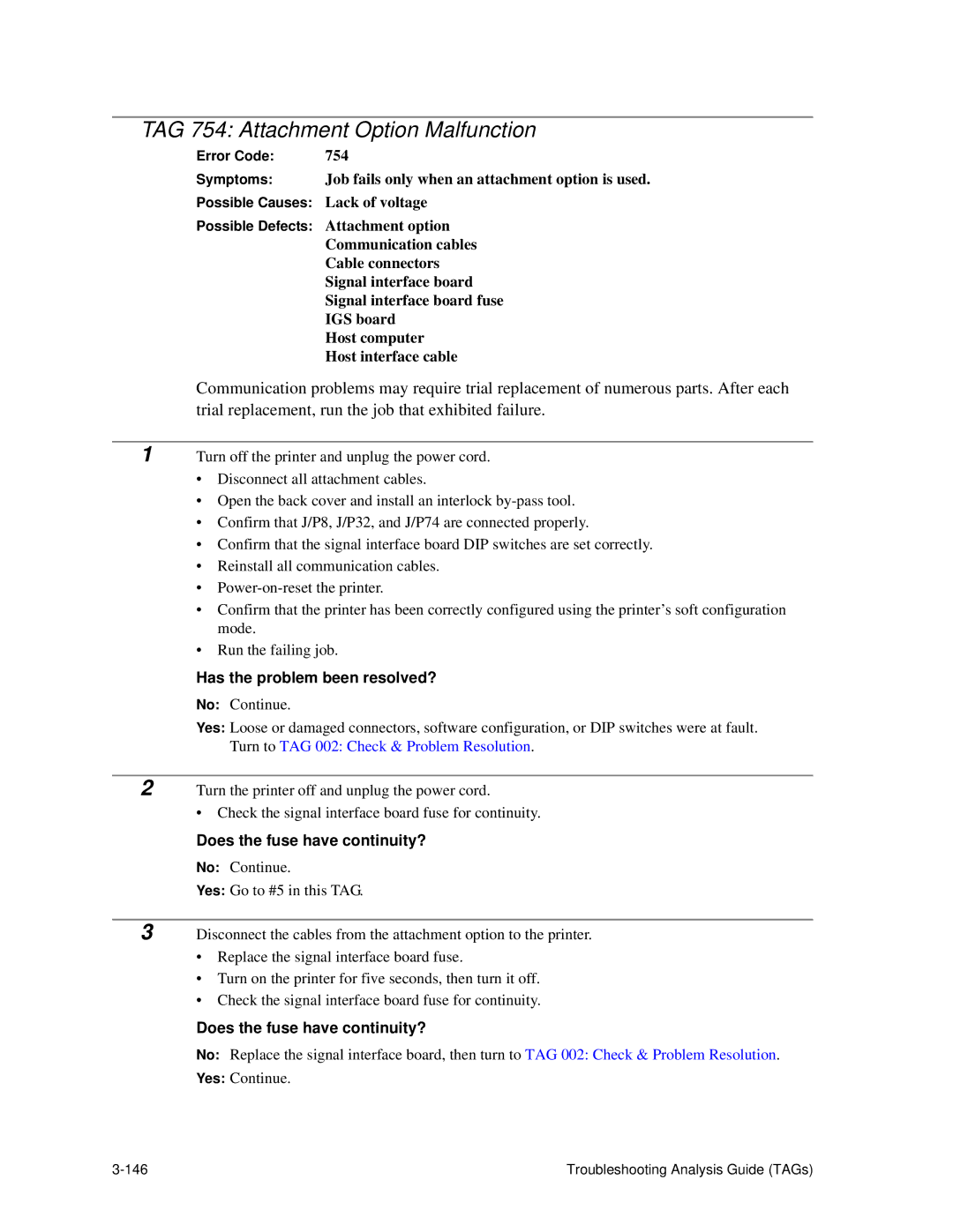 HP C30 manual TAG 754 Attachment Option Malfunction, Has the problem been resolved? 