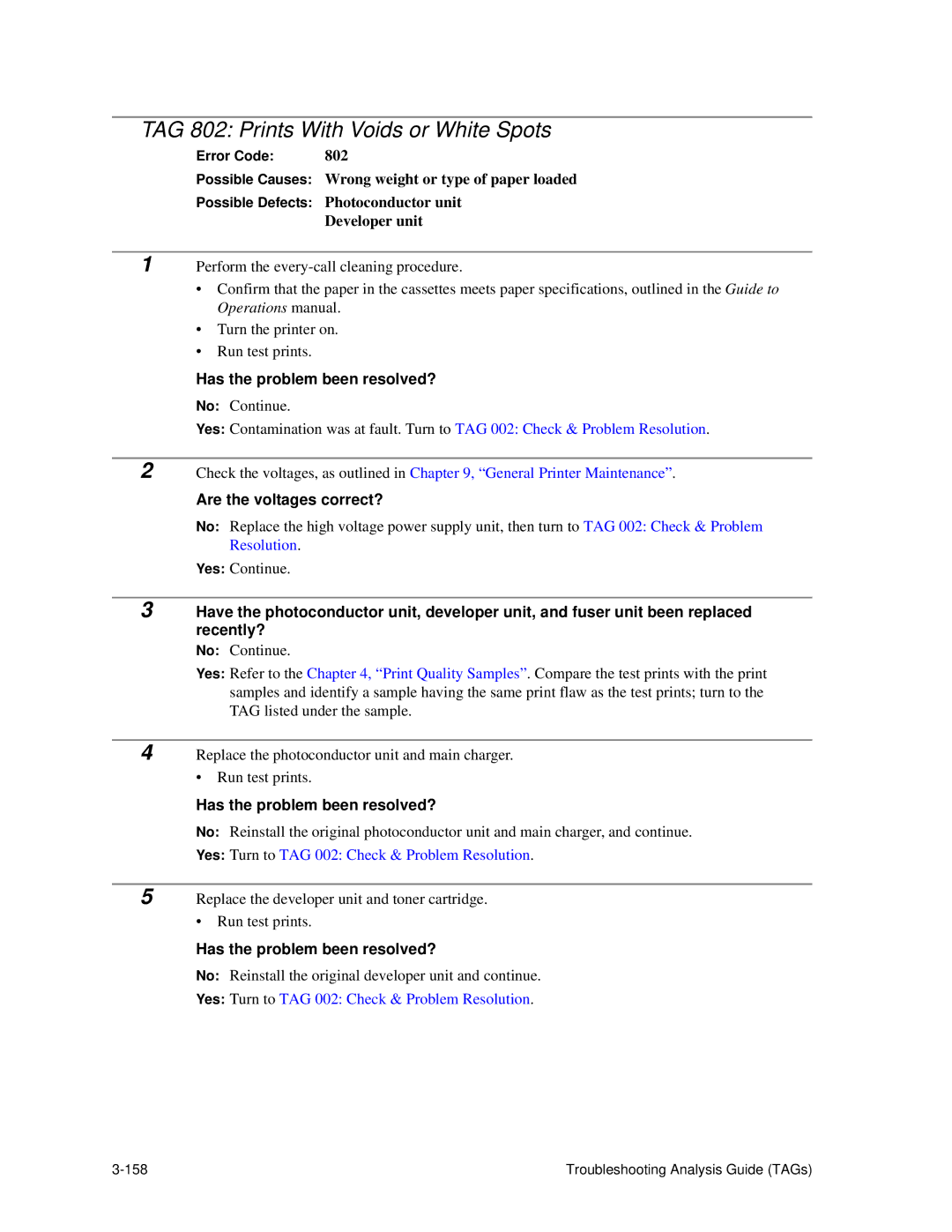 HP C30 manual TAG 802 Prints With Voids or White Spots, Are the voltages correct? 