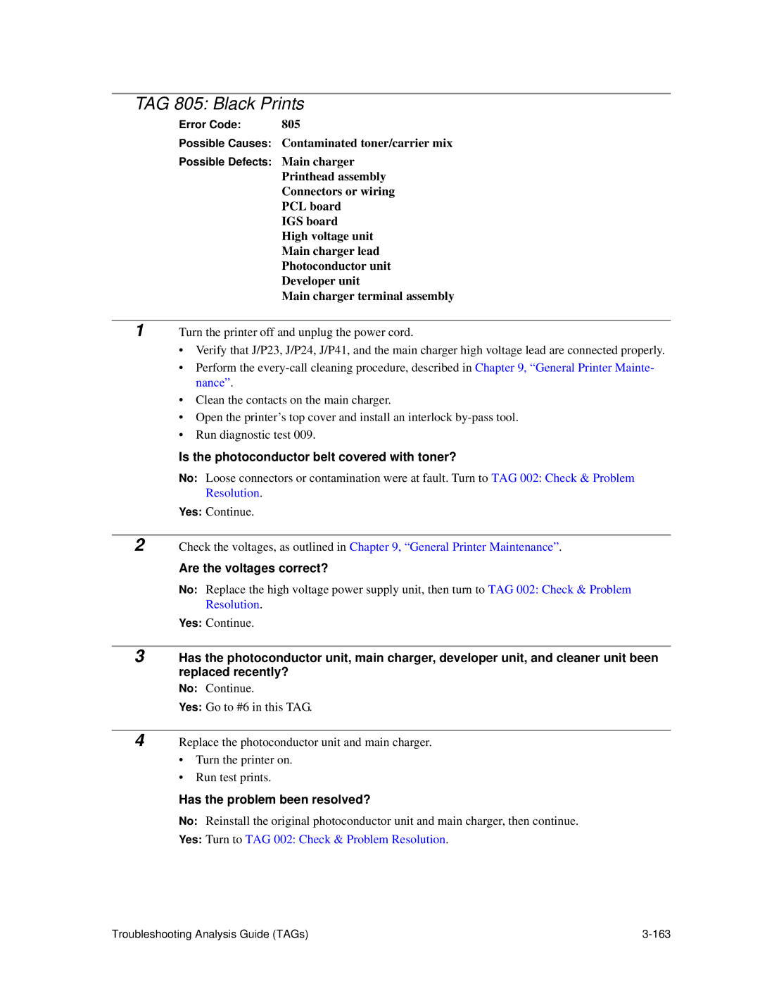 HP C30 manual TAG 805 Black Prints, Is the photoconductor belt covered with toner? 