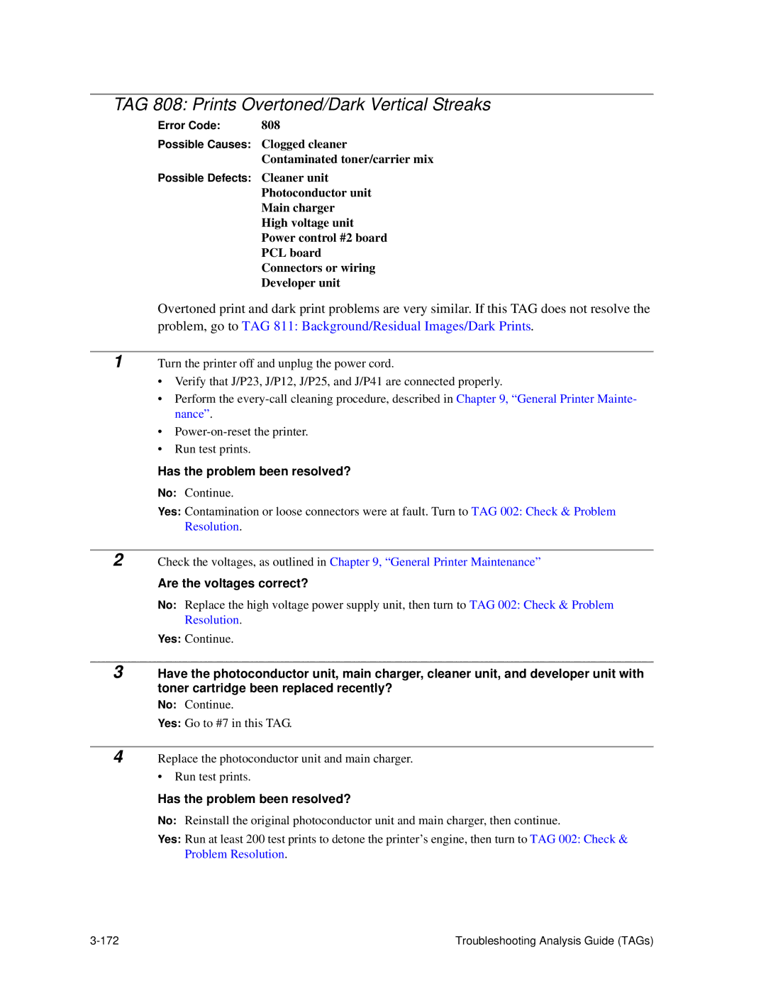 HP C30 manual TAG 808 Prints Overtoned/Dark Vertical Streaks, Has the problem been resolved? 