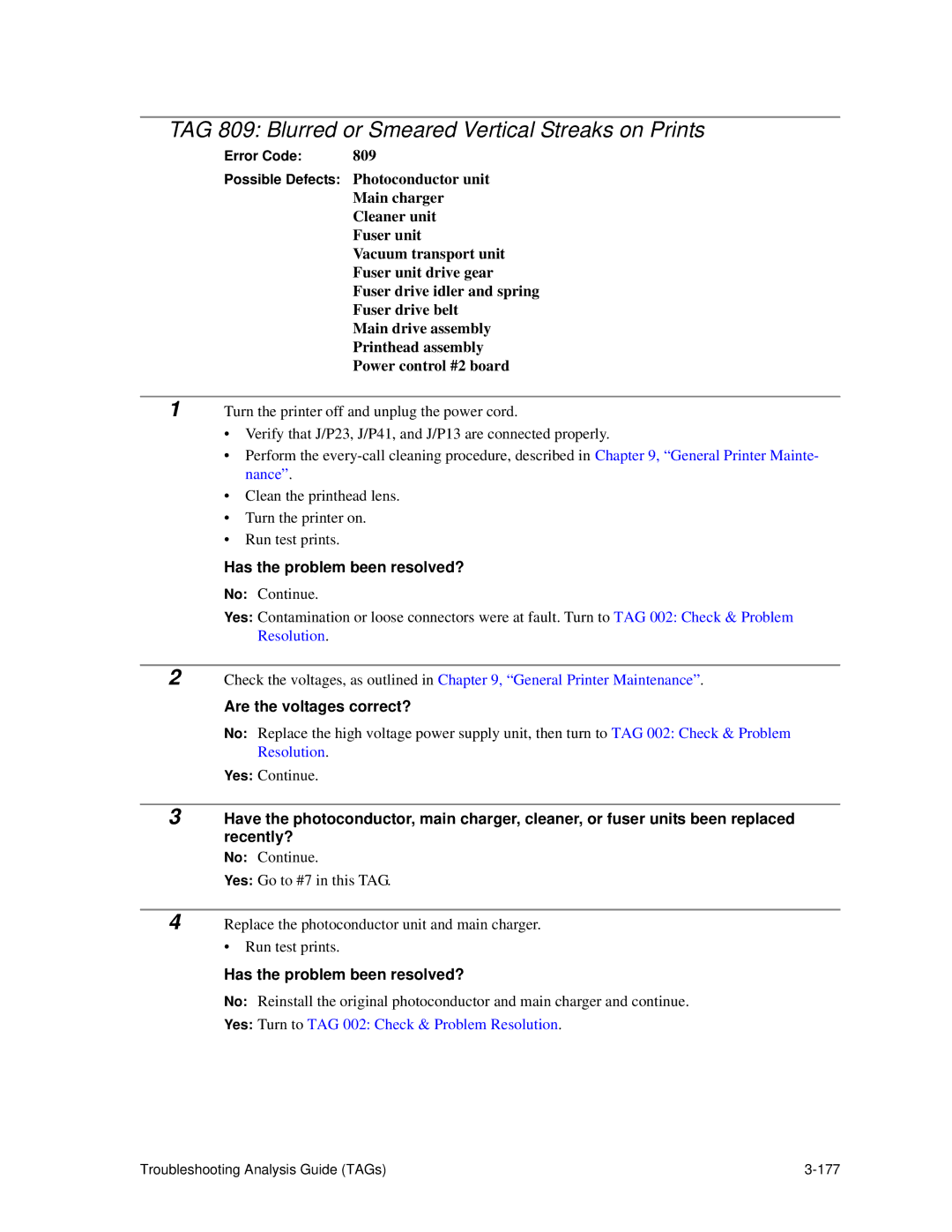 HP C30 manual TAG 809 Blurred or Smeared Vertical Streaks on Prints, Are the voltages correct? 