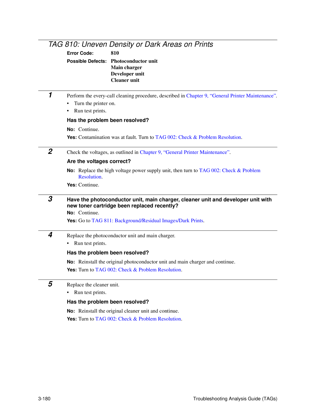 HP C30 manual TAG 810 Uneven Density or Dark Areas on Prints, Are the voltages correct? 