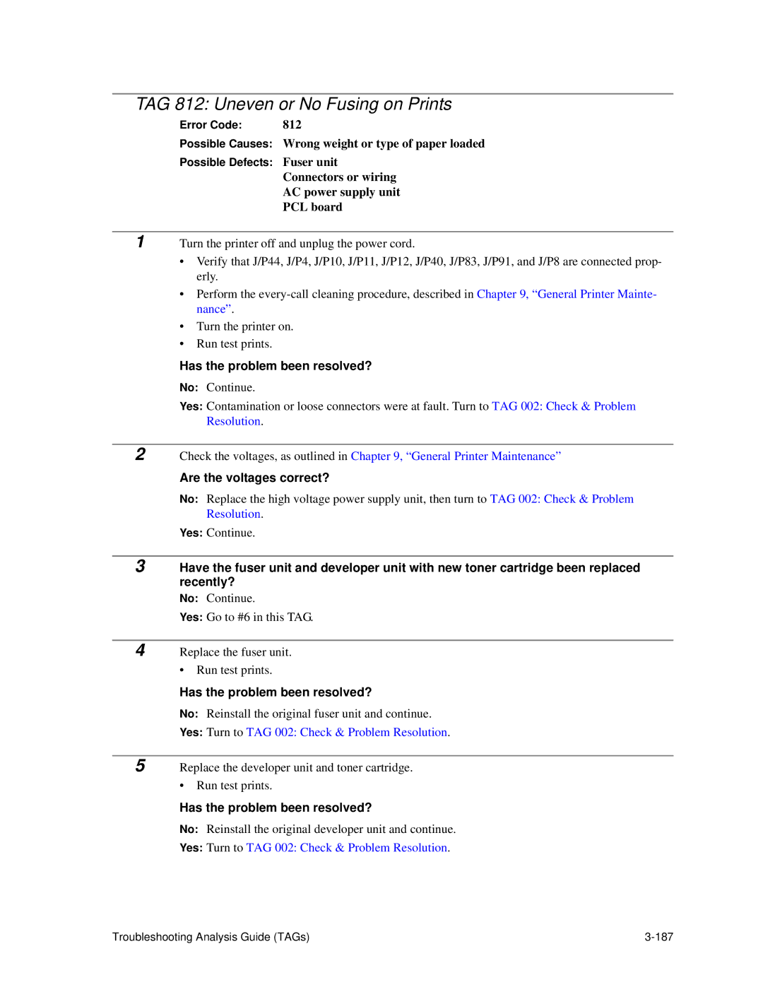 HP C30 manual TAG 812 Uneven or No Fusing on Prints, Connectors or wiring AC power supply unit PCL board 