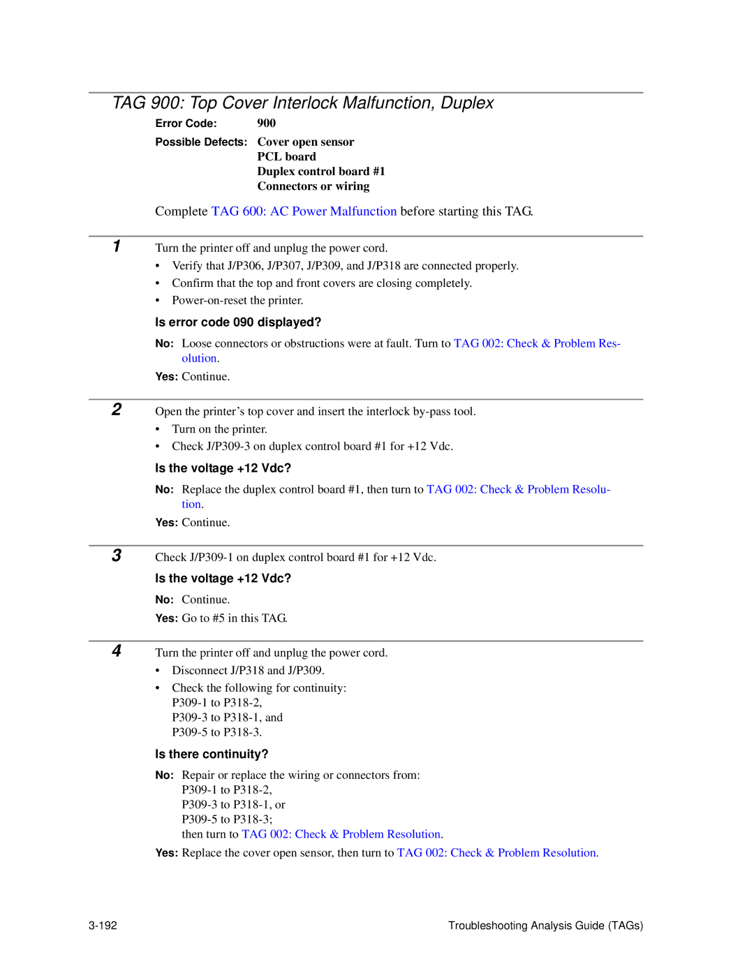 HP C30 manual TAG 900 Top Cover Interlock Malfunction, Duplex, Is error code 090 displayed? 