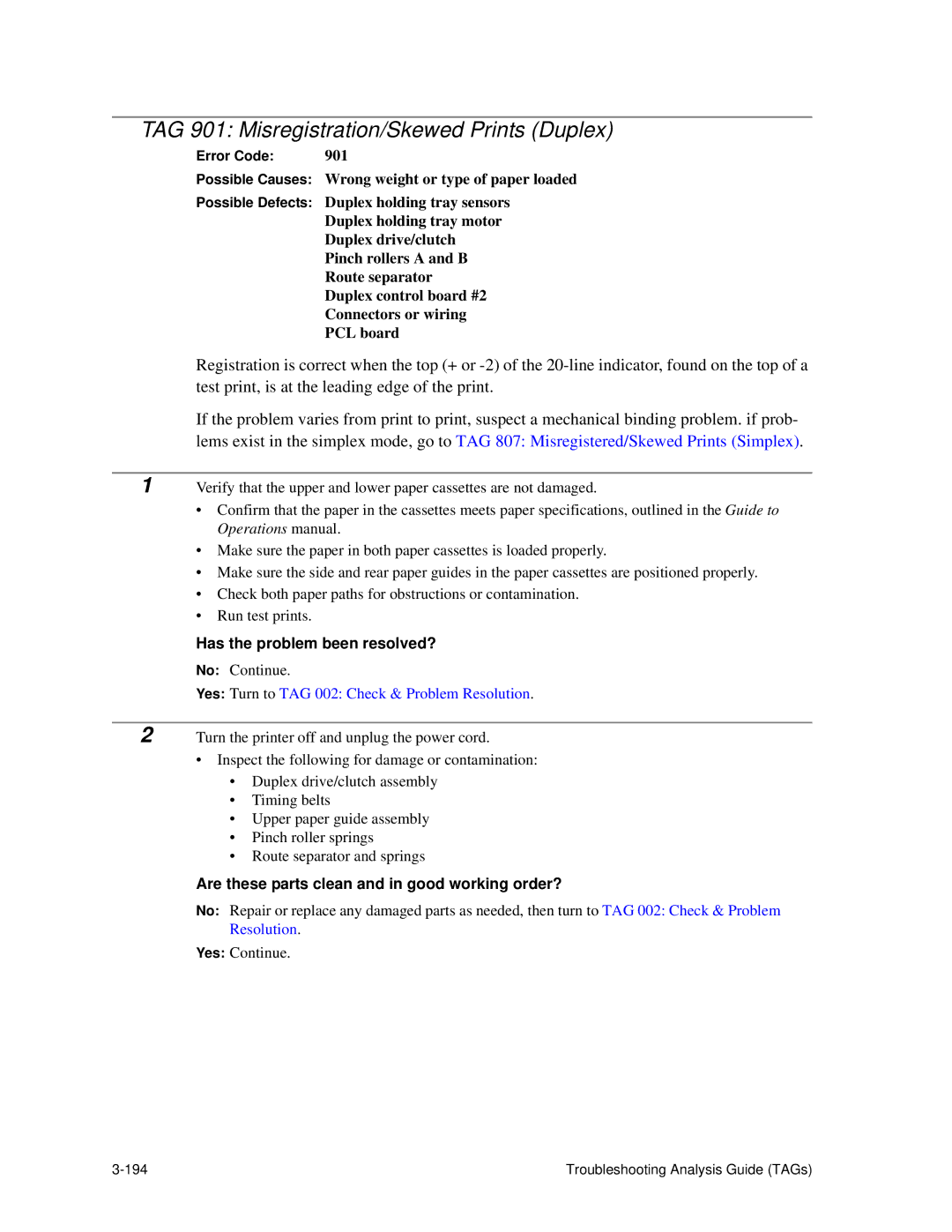 HP C30 manual TAG 901 Misregistration/Skewed Prints Duplex, Has the problem been resolved? 