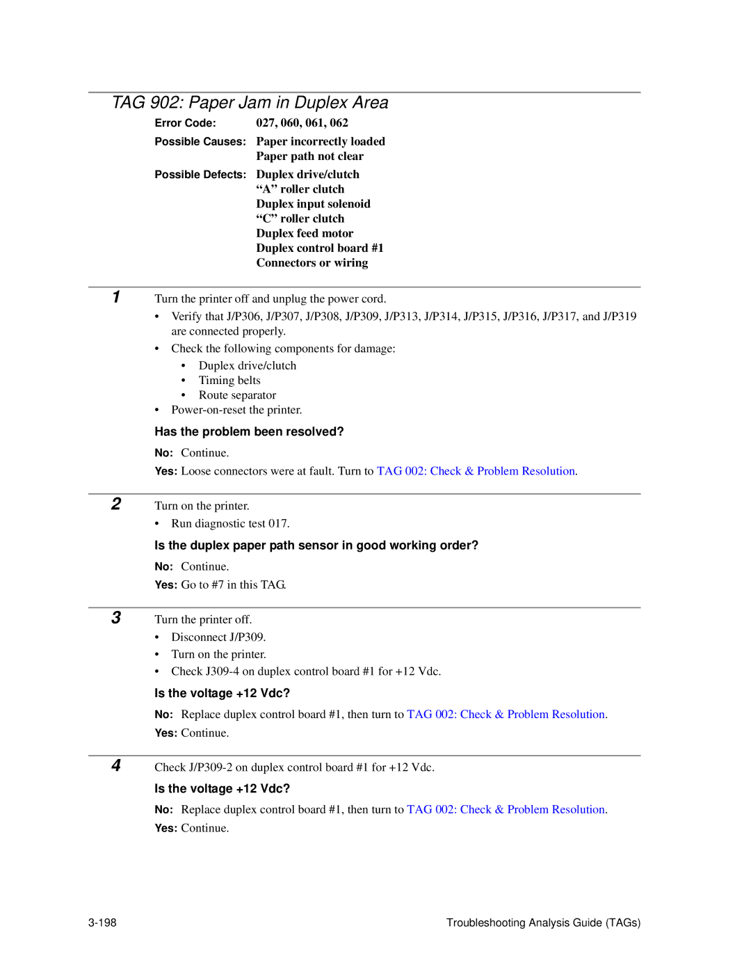 HP C30 manual TAG 902 Paper Jam in Duplex Area, Is the duplex paper path sensor in good working order? 