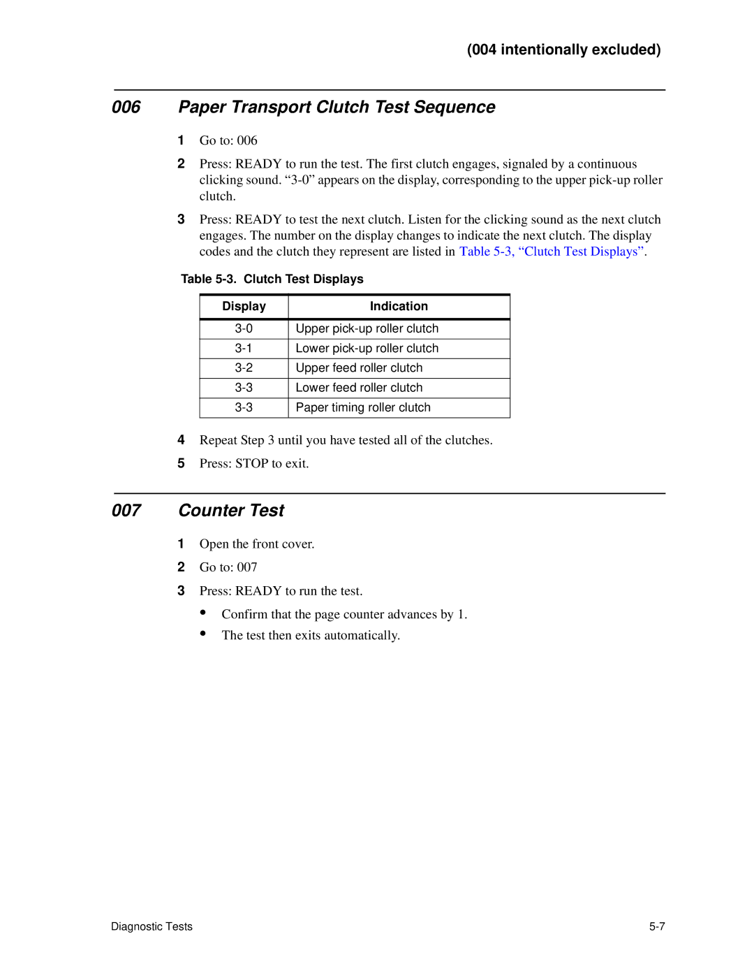 HP C30 manual Paper Transport Clutch Test Sequence, Counter Test, Clutch Test Displays Indication 