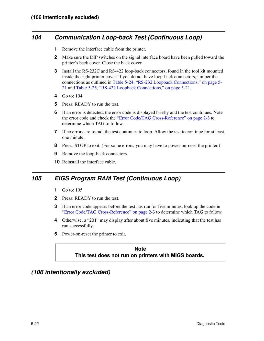 HP C30 manual Communication Loop-back Test Continuous Loop, Eigs Program RAM Test Continuous Loop 