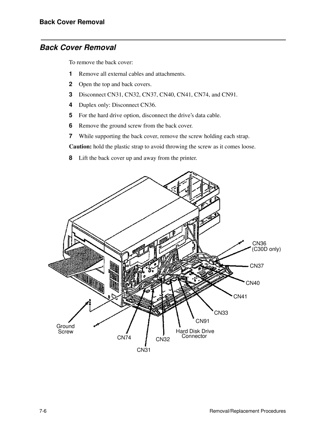 HP C30 manual Back Cover Removal 