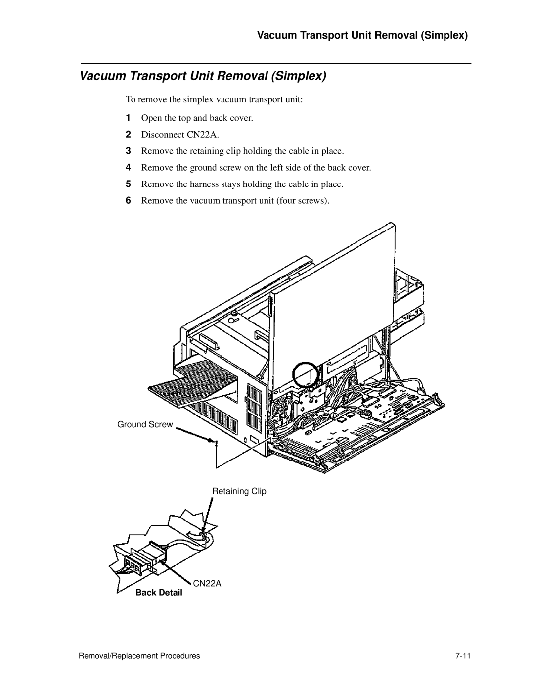 HP C30 manual Vacuum Transport Unit Removal Simplex, Back Detail 