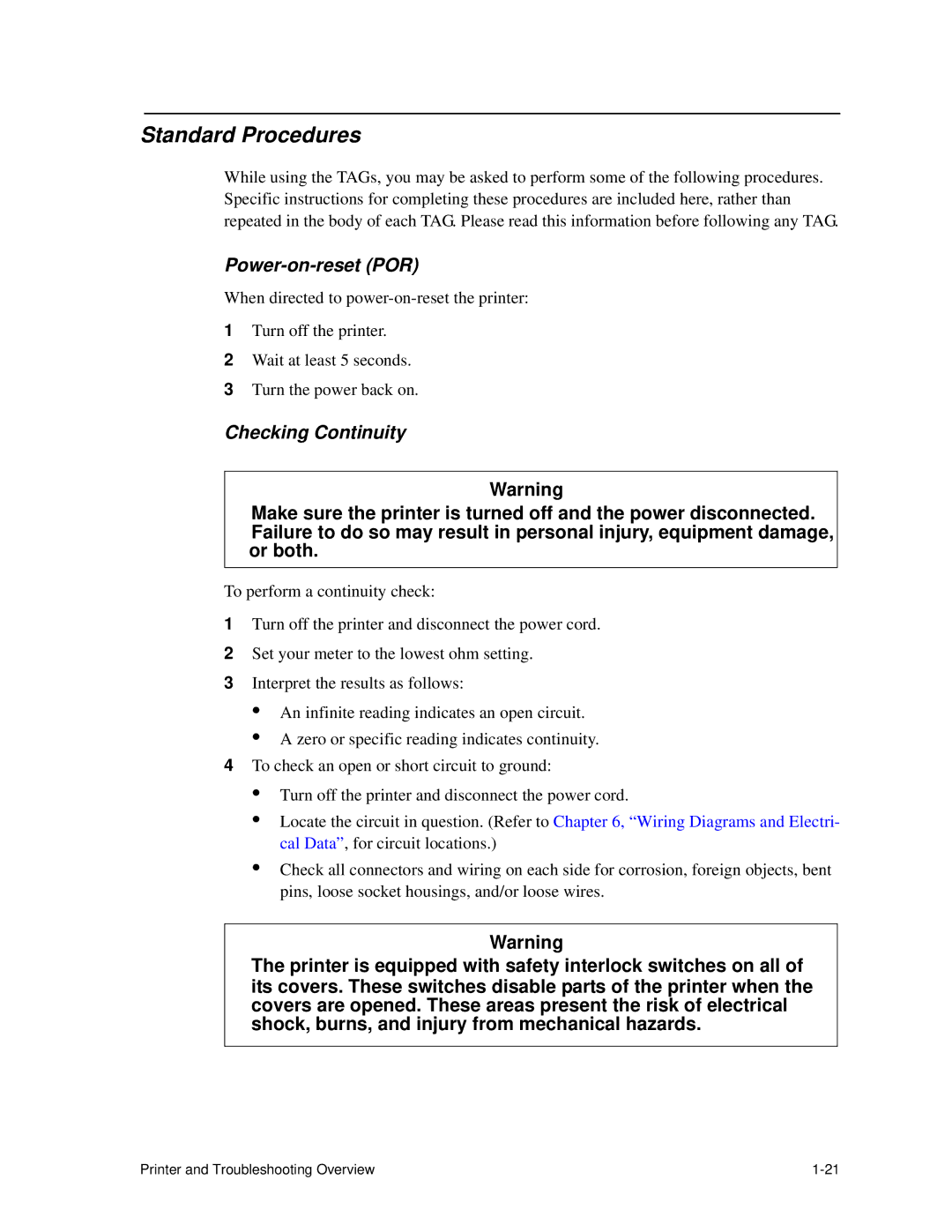 HP C30 manual Standard Procedures, Power-on-reset POR, Checking Continuity 