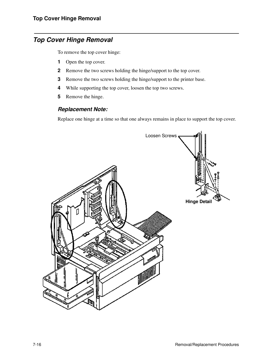 HP C30 manual Top Cover Hinge Removal, Hinge Detail 