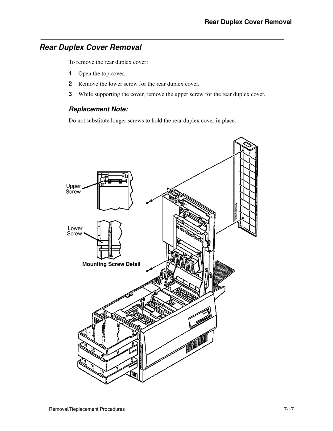 HP C30 manual Rear Duplex Cover Removal, Mounting Screw Detail 