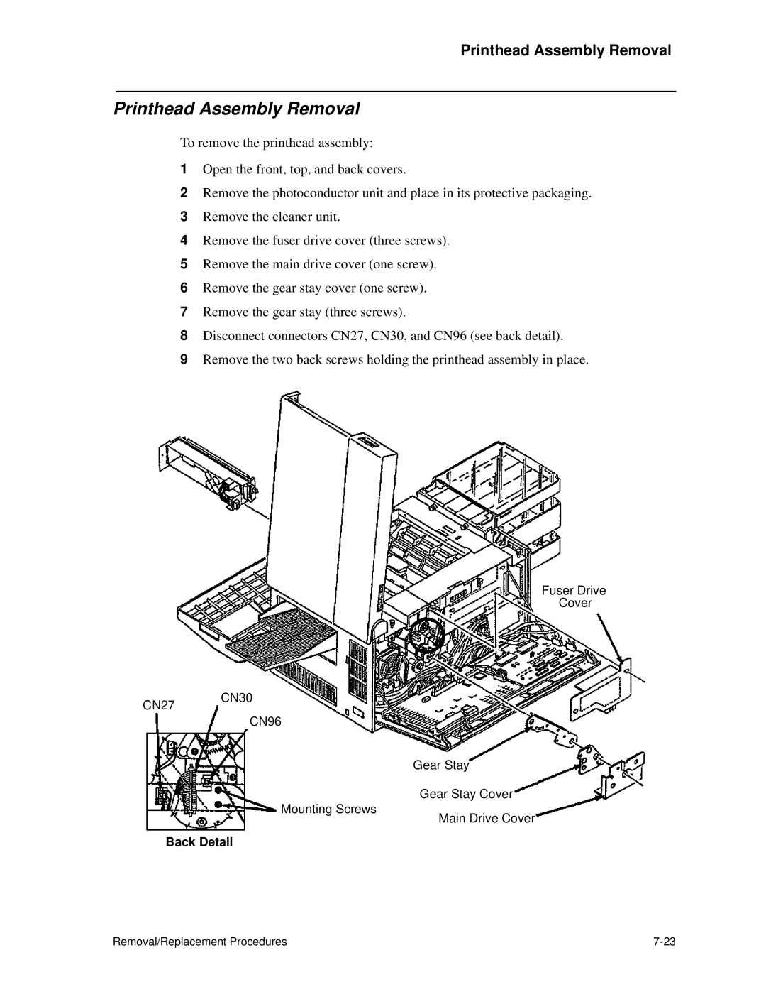 HP C30 manual Printhead Assembly Removal, Back Detail 