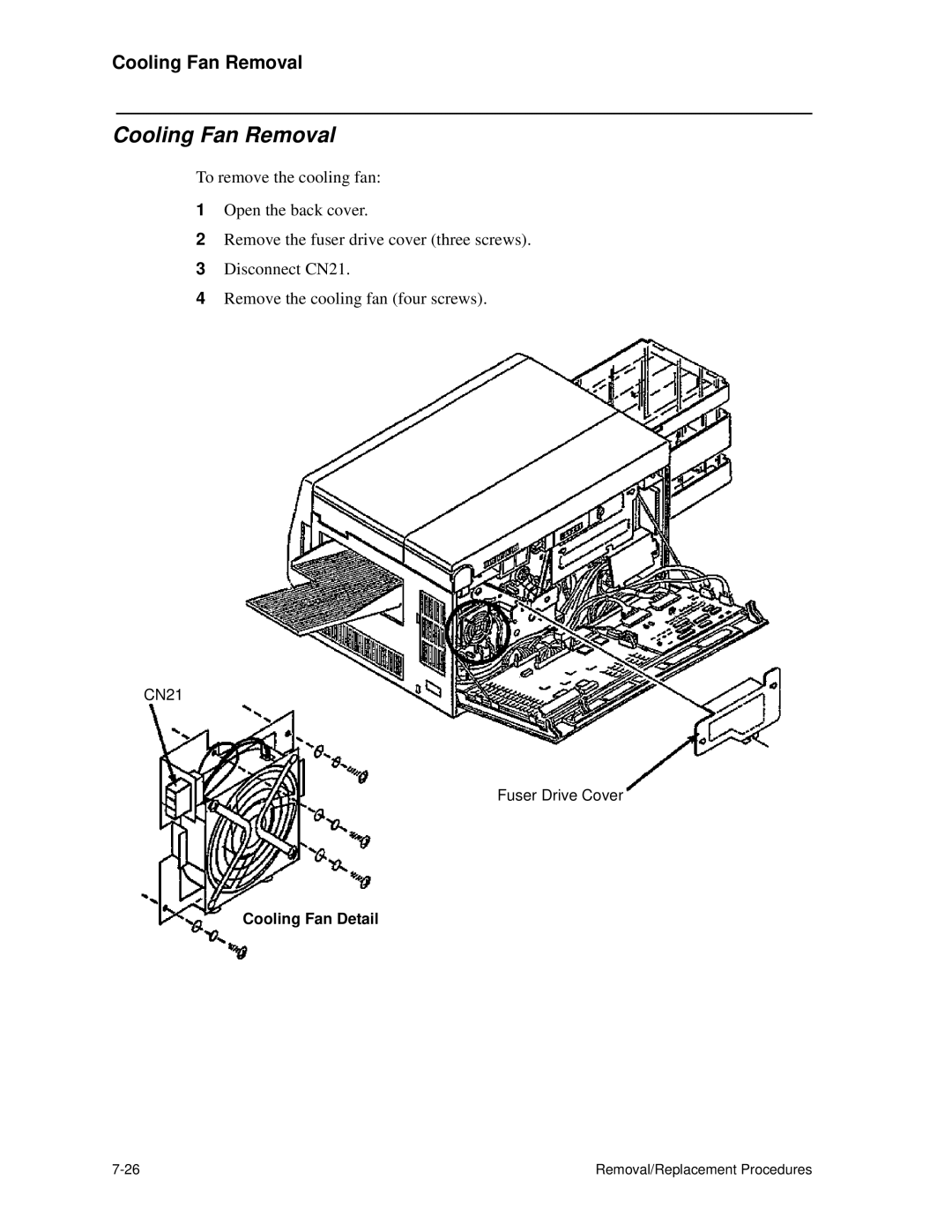 HP C30 manual Cooling Fan Removal, Cooling Fan Detail 