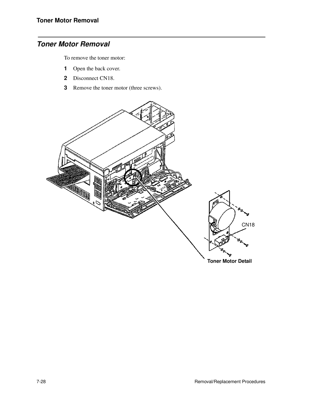 HP C30 manual Toner Motor Removal, Toner Motor Detail 