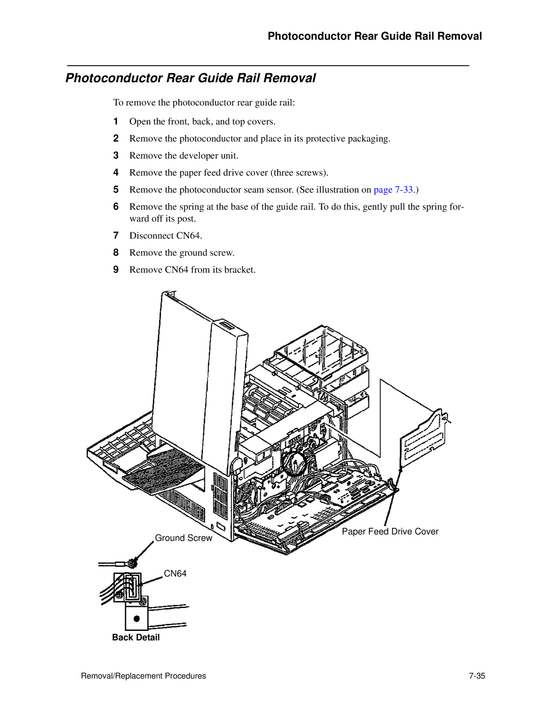 HP C30 manual Photoconductor Rear Guide Rail Removal 