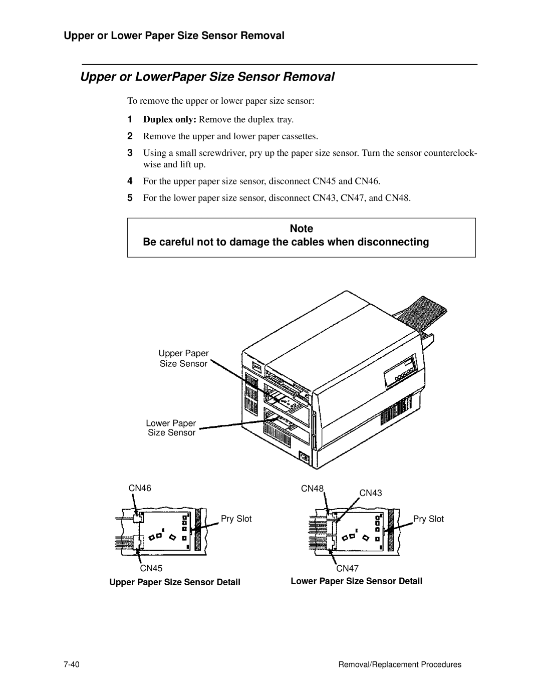 HP C30 manual Upper or LowerPaper Size Sensor Removal, Upper Paper Size Sensor Detail 