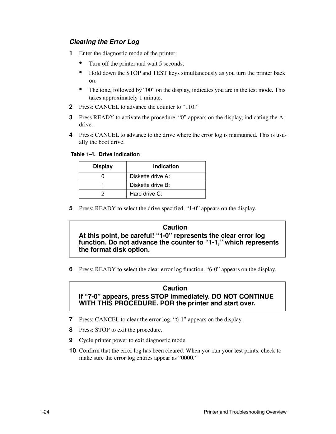 HP C30 manual Clearing the Error Log, Drive Indication Display 