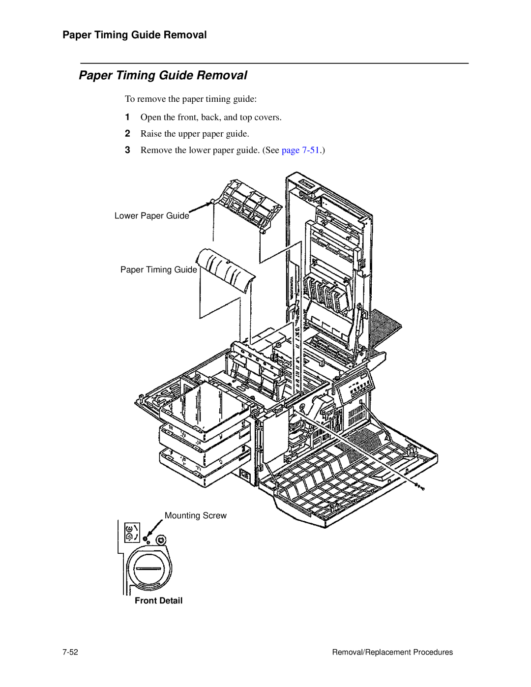 HP C30 manual Paper Timing Guide Removal, Front Detail 