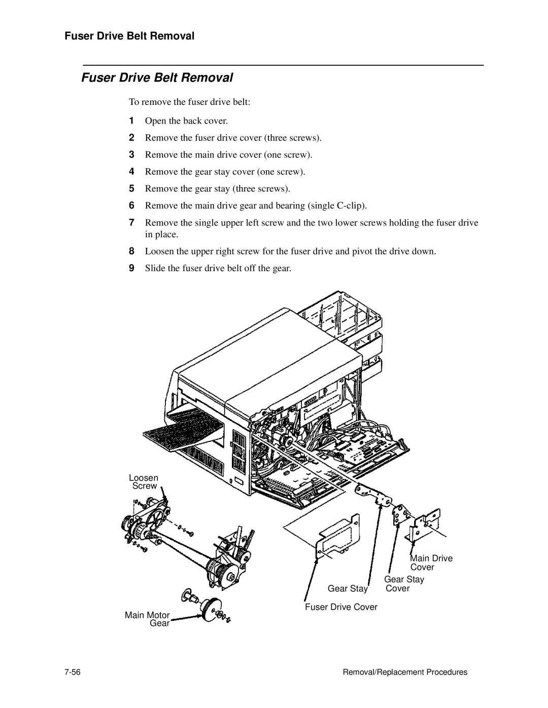 HP C30 manual Fuser Drive Belt Removal 