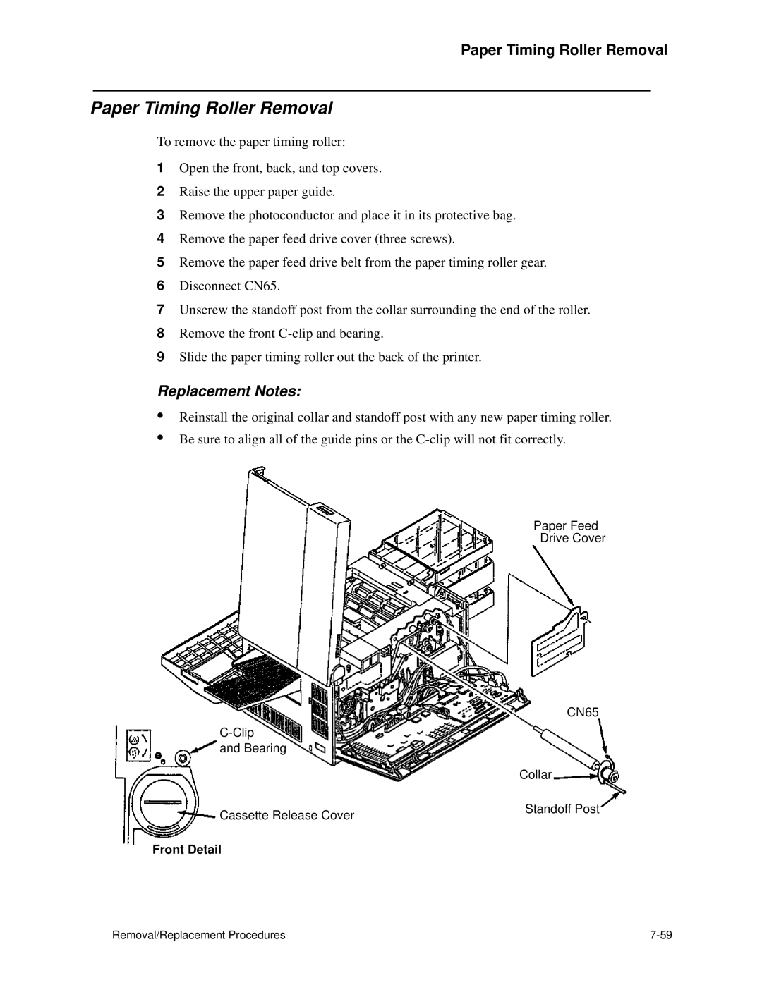 HP C30 manual Paper Timing Roller Removal, Replacement Notes 