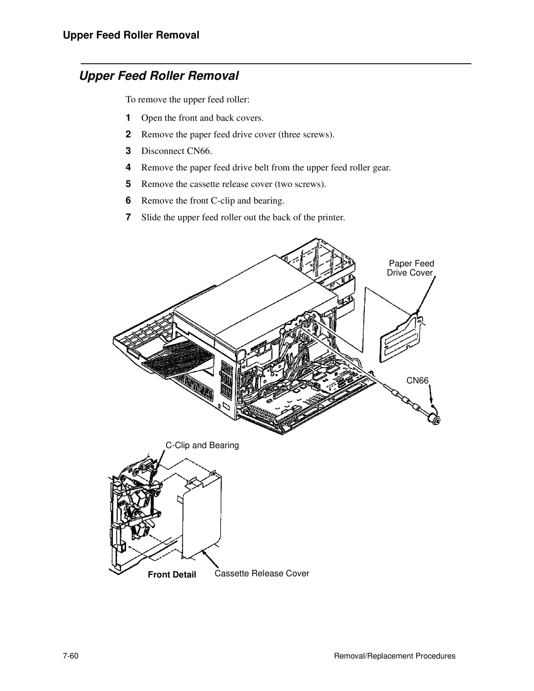 HP C30 manual Upper Feed Roller Removal, Front Detail Cassette Release Cover 