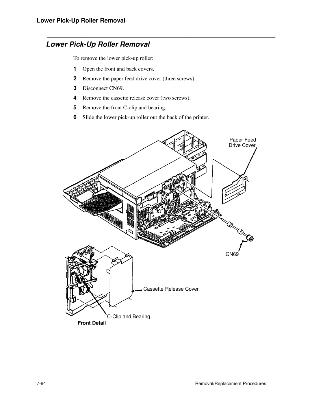 HP C30 manual Lower Pick-Up Roller Removal, Front Detail 