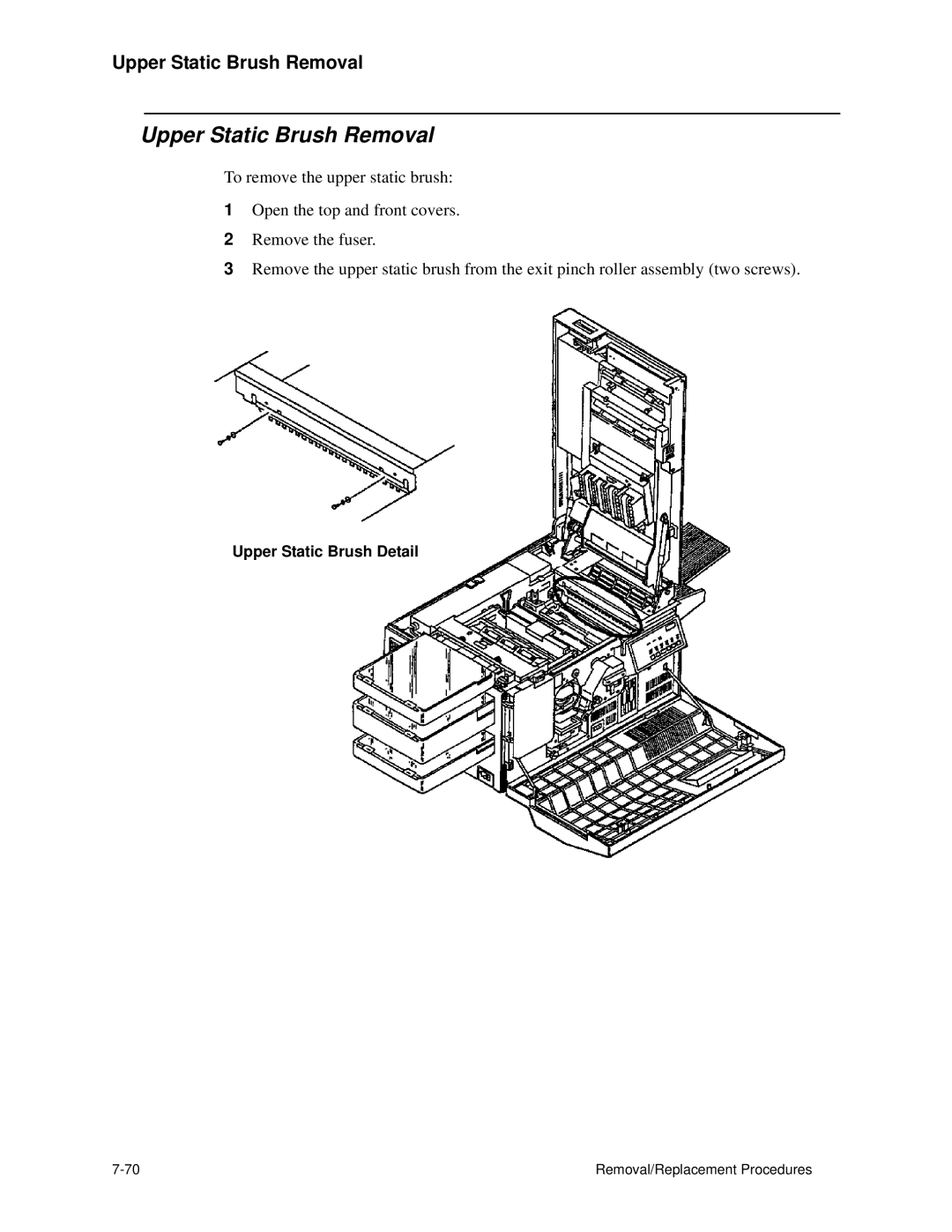 HP C30 manual Upper Static Brush Removal, Upper Static Brush Detail 