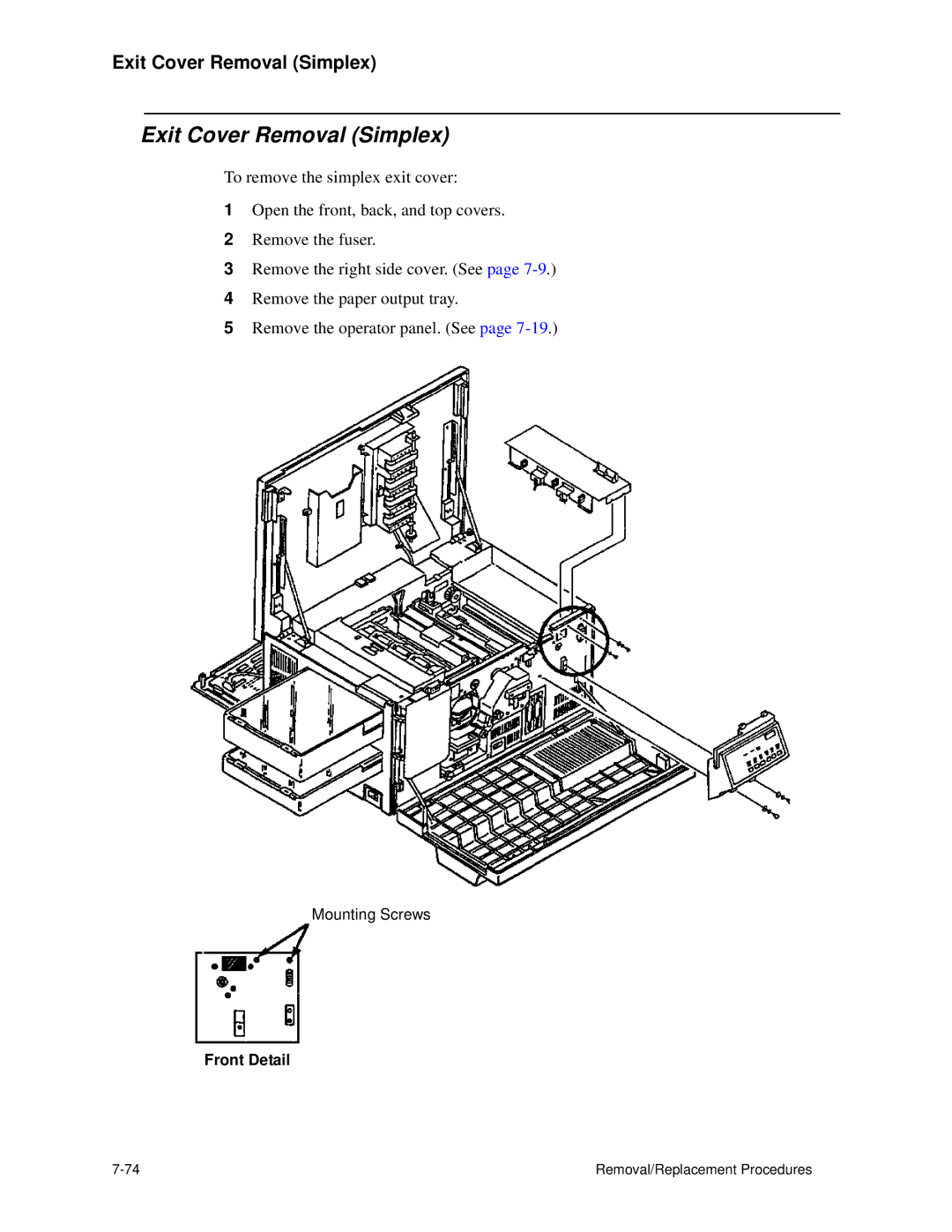 HP C30 manual Exit Cover Removal Simplex, Front Detail 