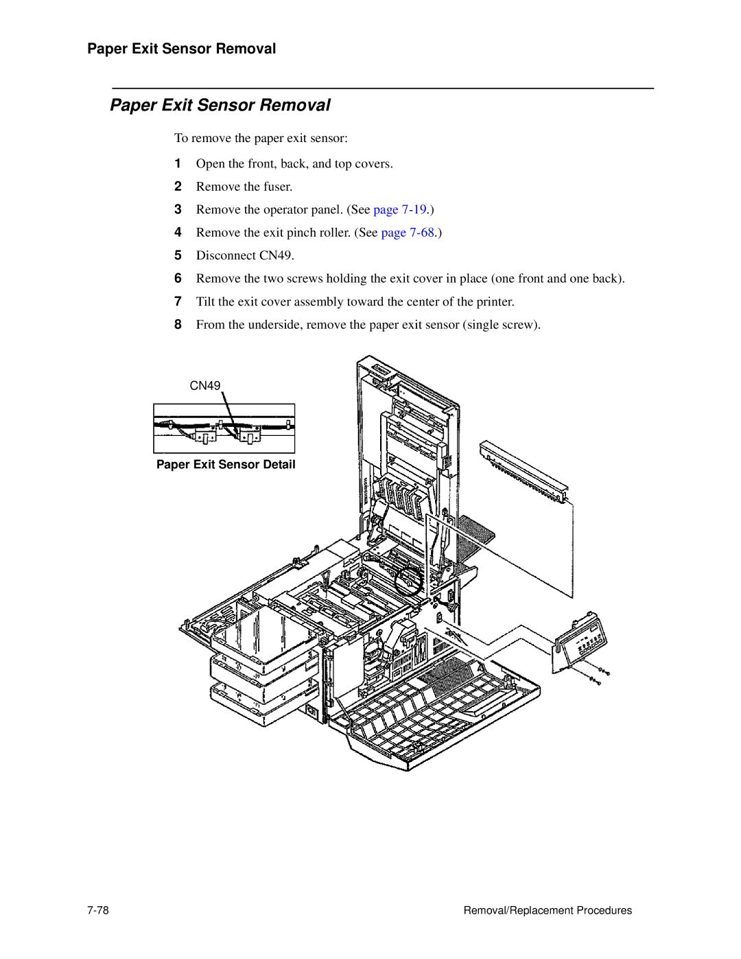 HP C30 manual Paper Exit Sensor Removal, Paper Exit Sensor Detail 