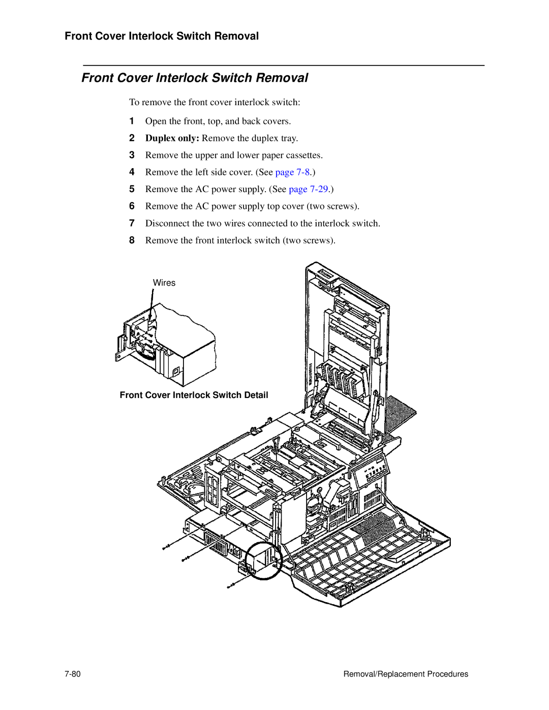 HP C30 manual Front Cover Interlock Switch Removal, Front Cover Interlock Switch Detail 