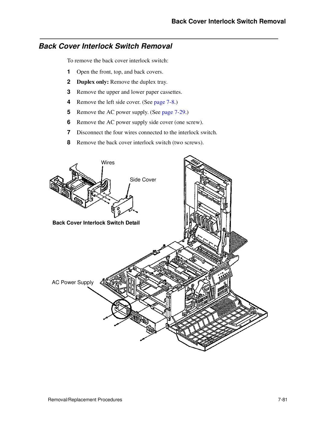 HP C30 manual Back Cover Interlock Switch Removal, Back Cover Interlock Switch Detail 