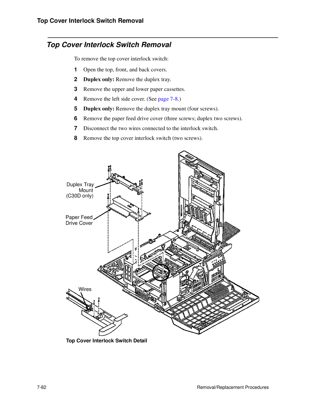 HP C30 manual Top Cover Interlock Switch Removal, Top Cover Interlock Switch Detail 