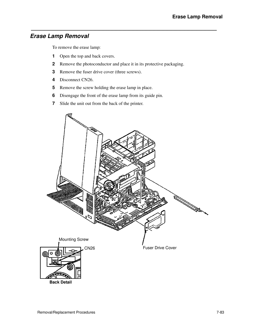 HP C30 manual Erase Lamp Removal, Back Detail 