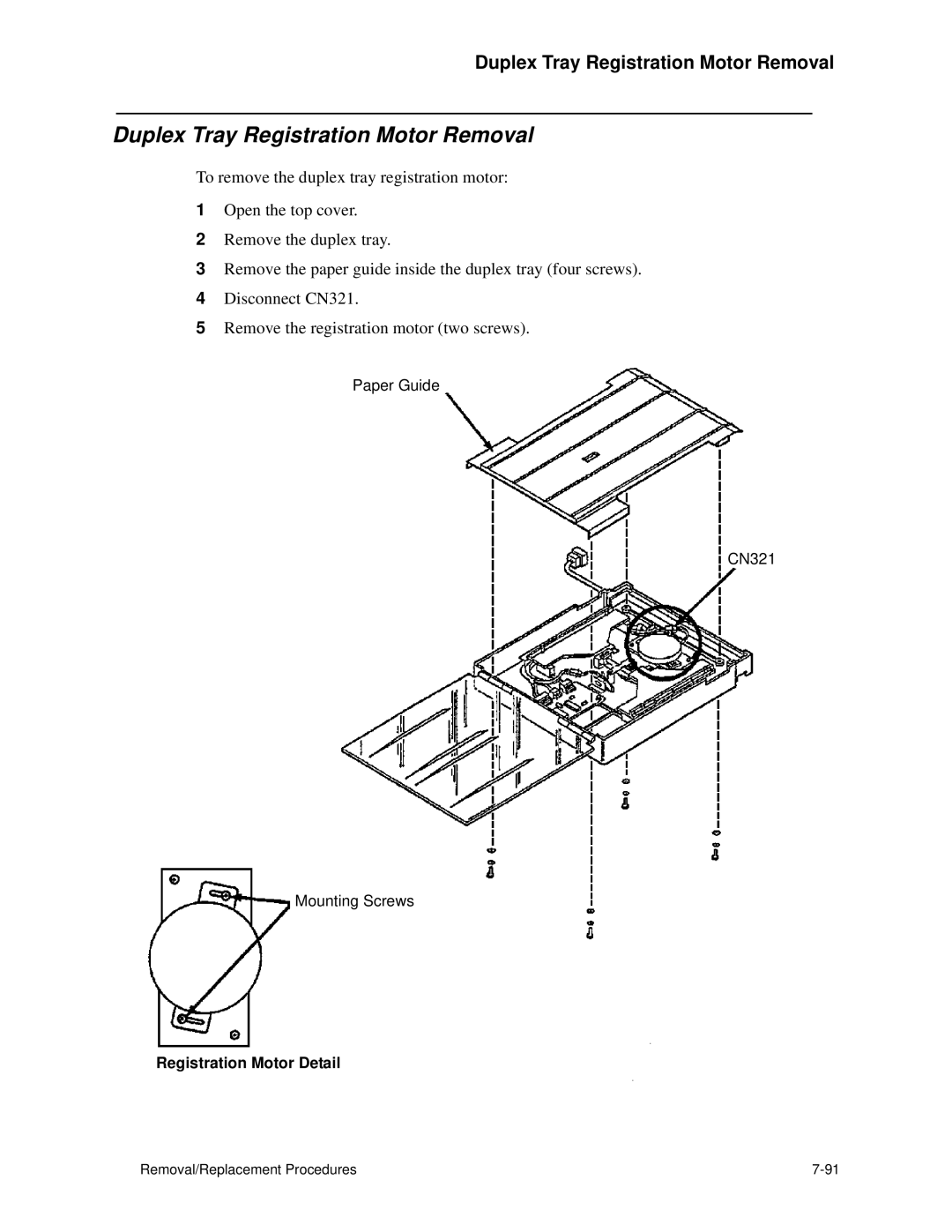 HP C30 manual Duplex Tray Registration Motor Removal, Registration Motor Detail 