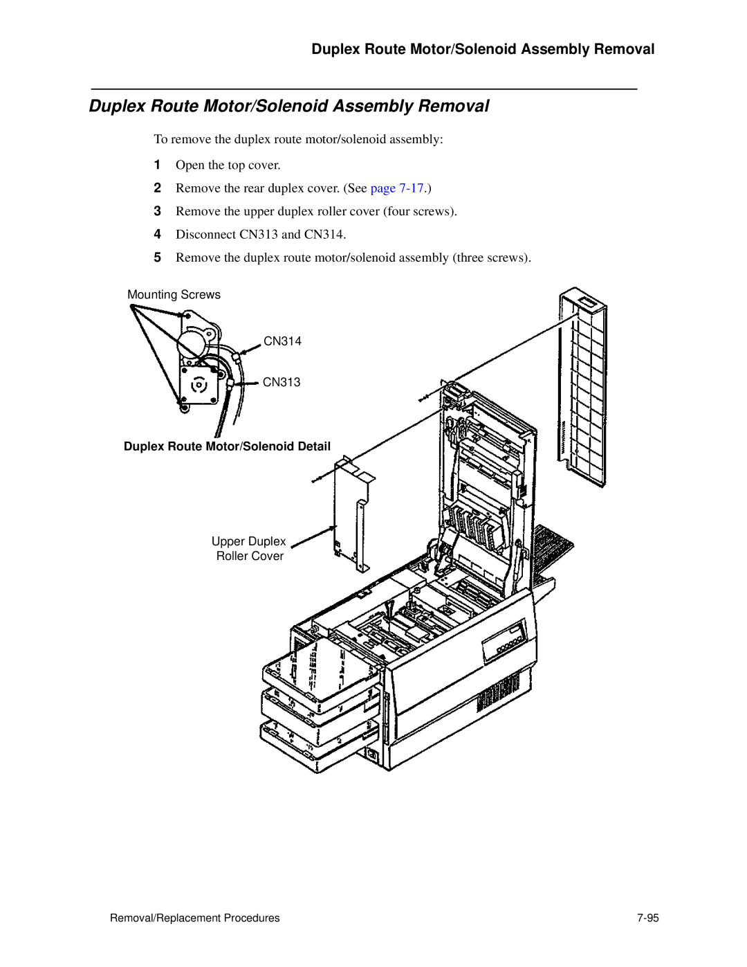 HP C30 manual Duplex Route Motor/Solenoid Assembly Removal, Duplex Route Motor/Solenoid Detail 