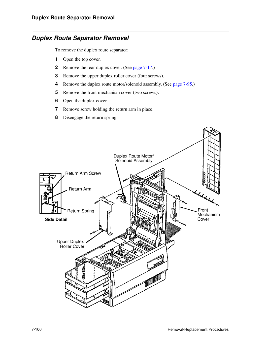 HP C30 manual Duplex Route Separator Removal, Side Detail 