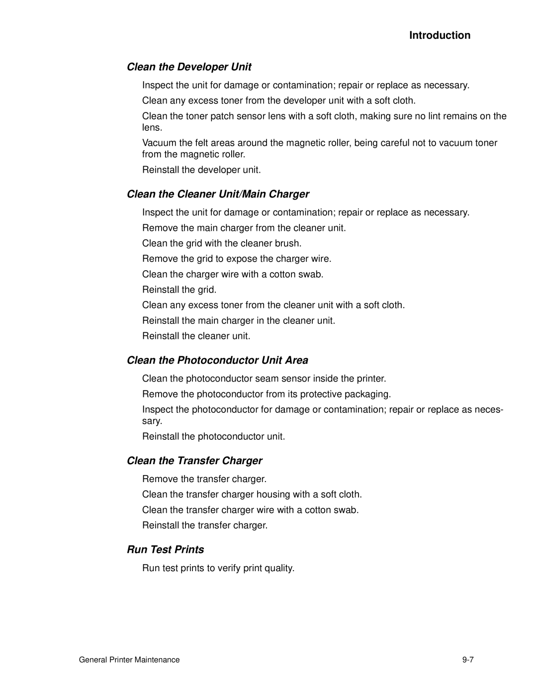 HP C30 Clean the Developer Unit, Clean the Cleaner Unit/Main Charger, Clean the Photoconductor Unit Area, Run Test Prints 