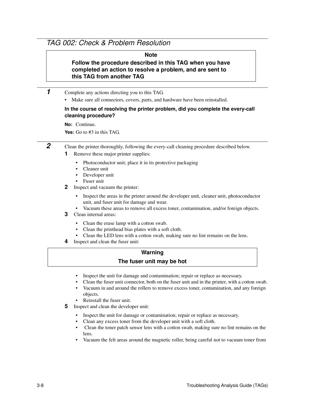 HP C30 manual TAG 002 Check & Problem Resolution, Fuser unit may be hot 