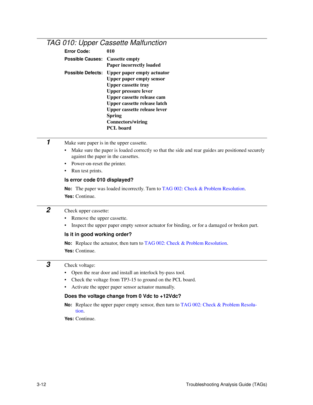 HP C30 manual TAG 010 Upper Cassette Malfunction, Is error code 010 displayed?, Is it in good working order? 