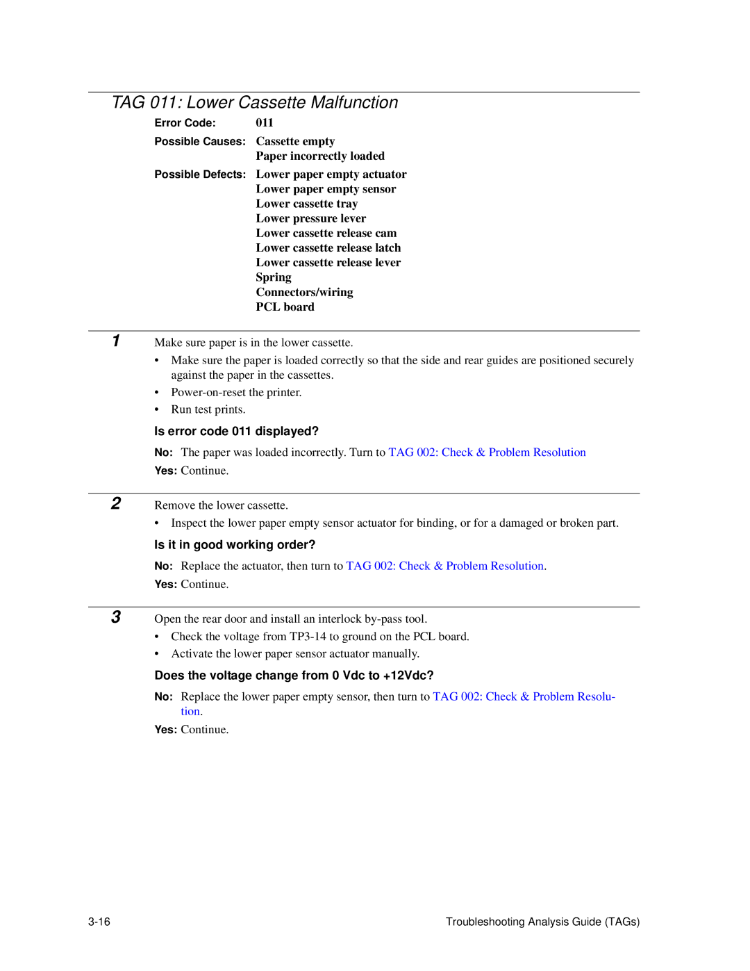 HP C30 manual TAG 011 Lower Cassette Malfunction, Is error code 011 displayed? 