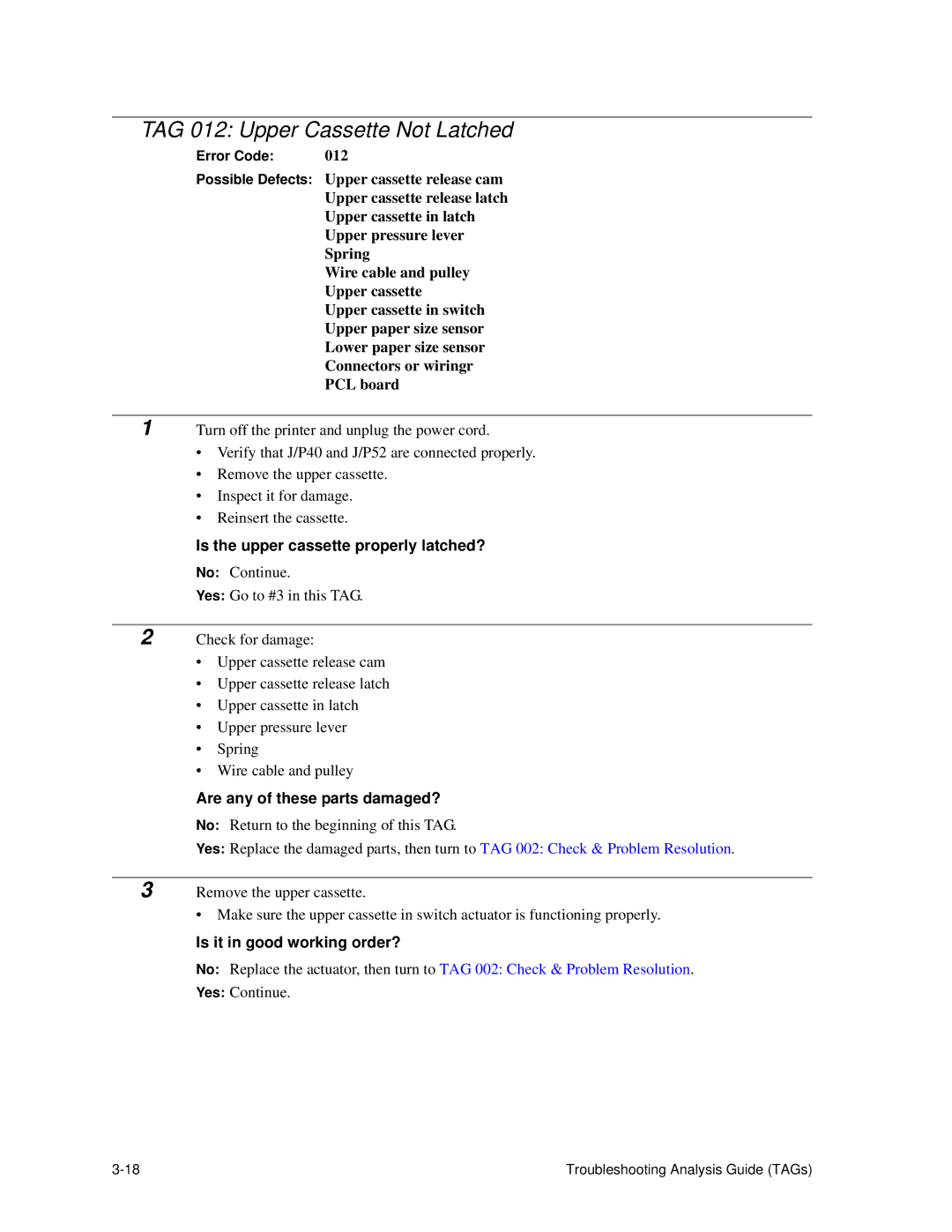 HP C30 manual TAG 012 Upper Cassette Not Latched, Is the upper cassette properly latched?, Are any of these parts damaged? 