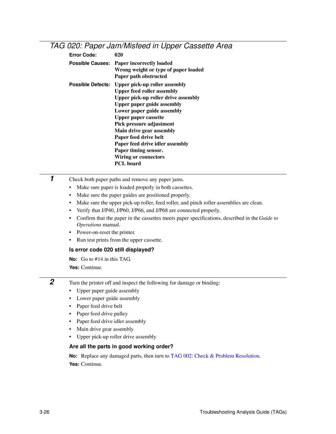 HP C30 manual TAG 020 Paper Jam/Misfeed in Upper Cassette Area, Is error code 020 still displayed? 