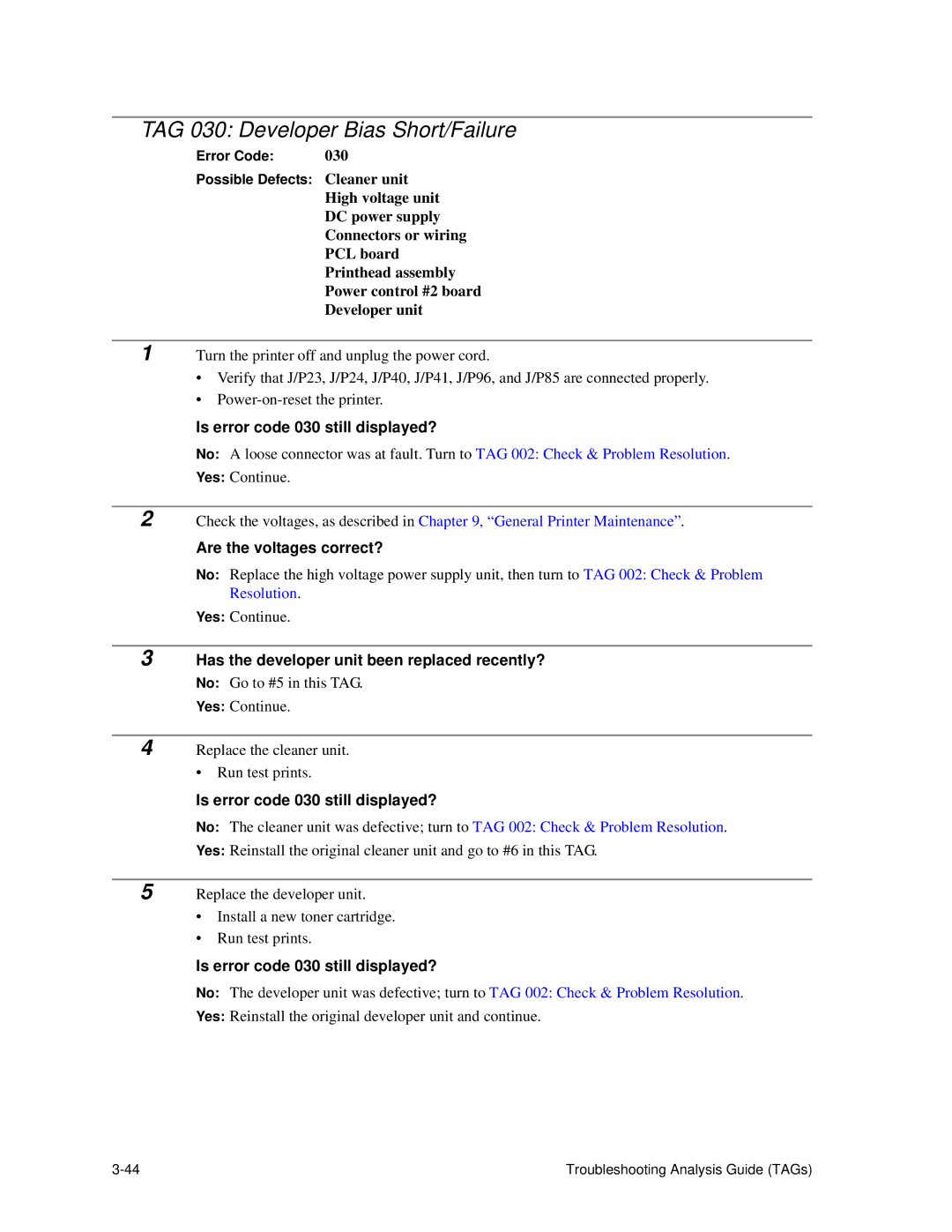 HP C30 manual TAG 030 Developer Bias Short/Failure, Is error code 030 still displayed?, Are the voltages correct? 