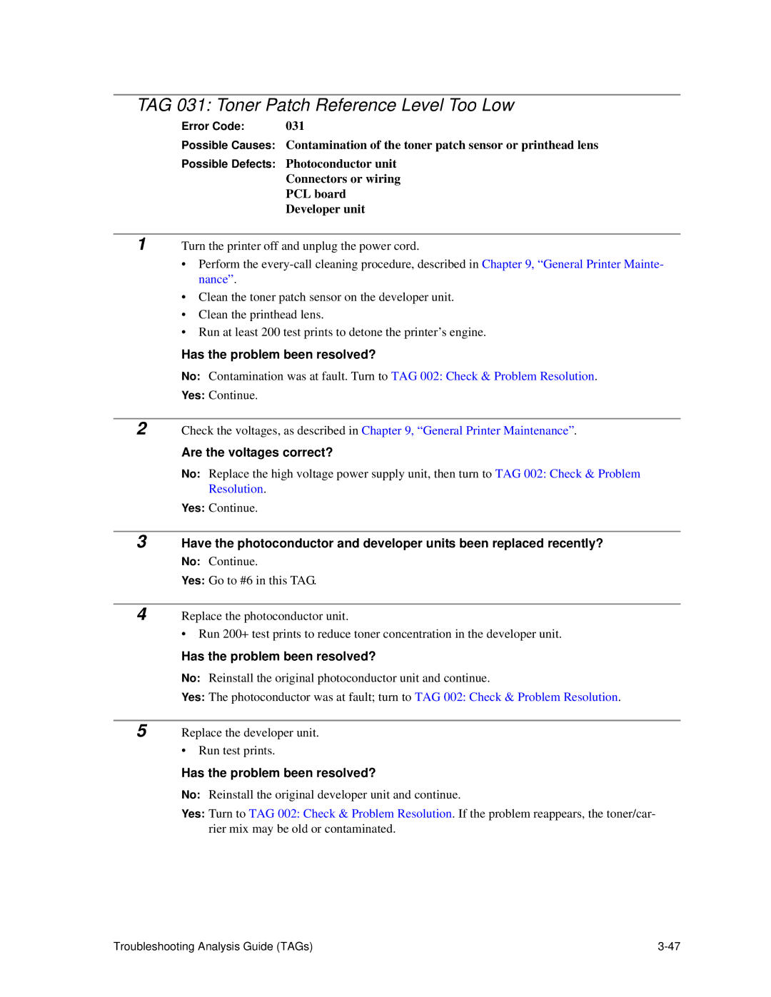 HP C30 manual TAG 031 Toner Patch Reference Level Too Low, Has the problem been resolved? 